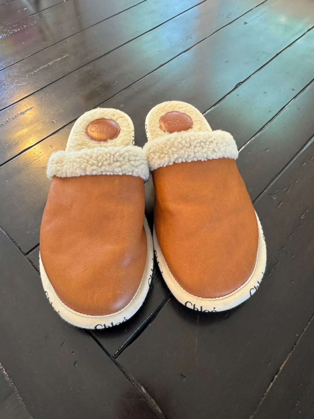 Authentic Chloé Shearling Leather Slide Slippers Camel Cream Size 37